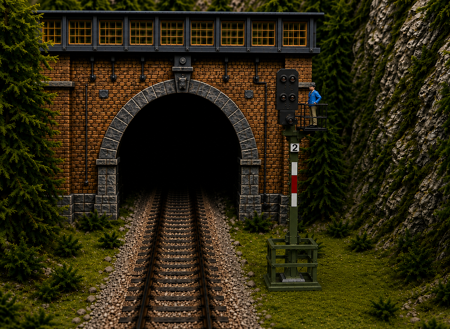 H0-Modellbahnanlage mit Hauptsignal vor einem Tunnelportal