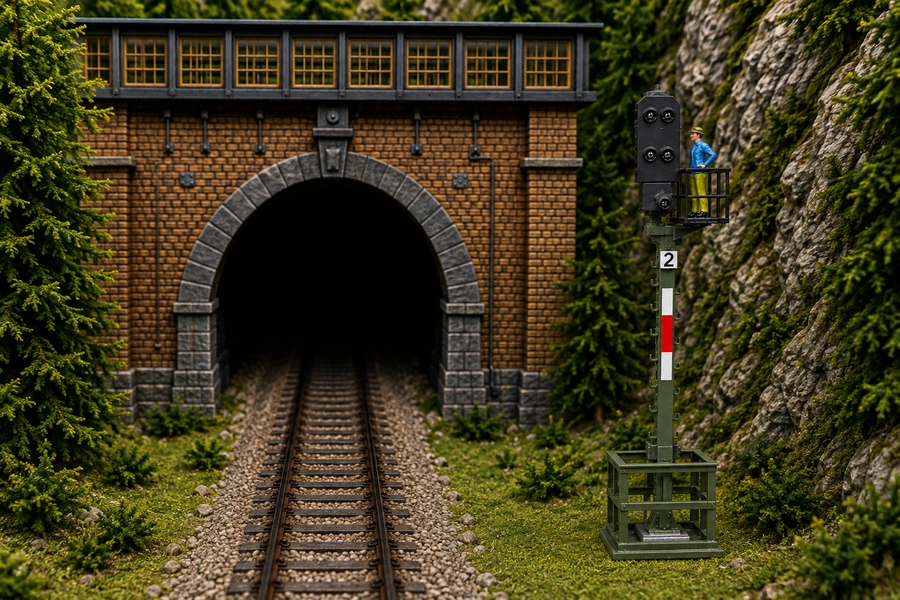 H0-Modellbahnanlage mit Hauptsignal vor einem Tunnelportal
