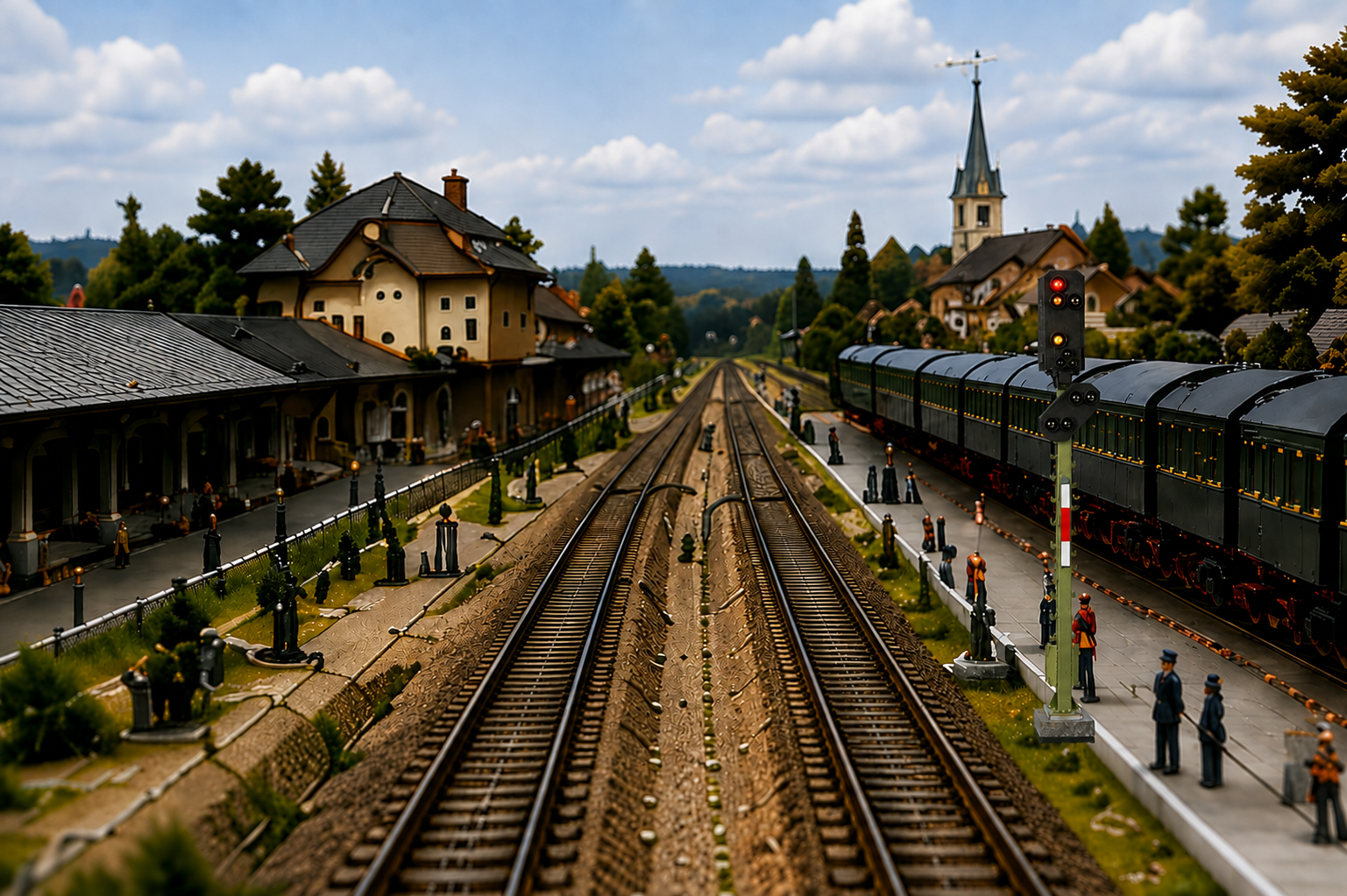 H0-Modellbahnhof mit mehreren Lichtsignalen und Dampflok