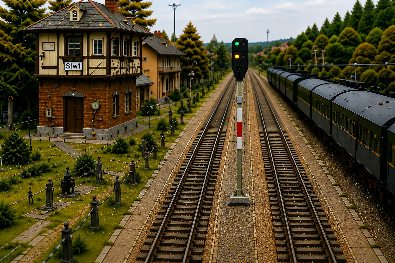H0-Bahnhof mit Stellwerk, Hauptsignal und Personenzug