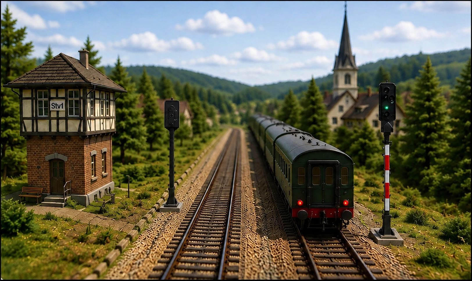 H0-Modellbahnhof mit zweigleisiger Strecke, ausfahrendem Personenzug und Lichtsignalen neben den Gleisen