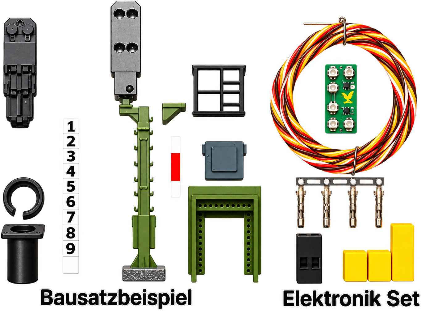Beispiel eines Signalbausatzes mit Signalkomponenten, LED-Platine, Anschlussleitungen und Zubehör